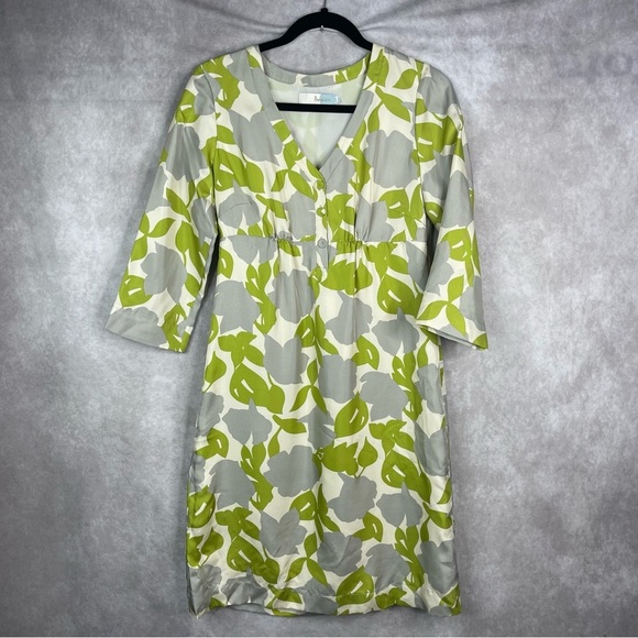 Boden Mod Print Silk Long Sleeve Retro MCM Dress In Green Women's Size 4R - Picture 1 of 6